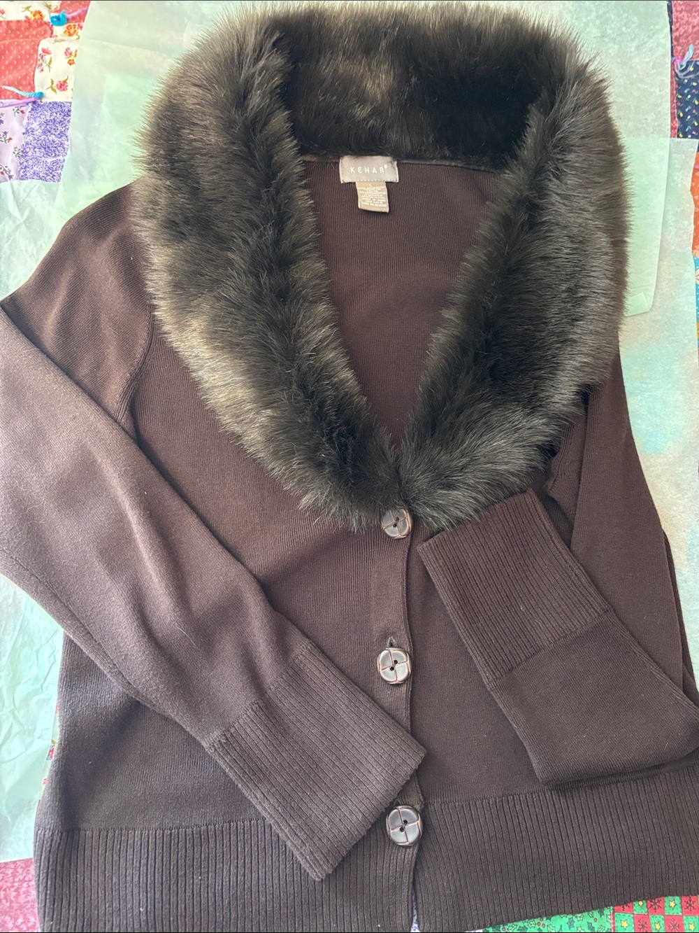 Kenar Chocolate Brown Cardigan with Faux Fur Shawl Collar
